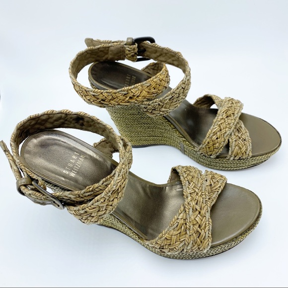 Stuart Weitzman Size 6 /36 Brown & Green Braided Leather Wrap Wedge Sandals EUC - Picture 4 of 7